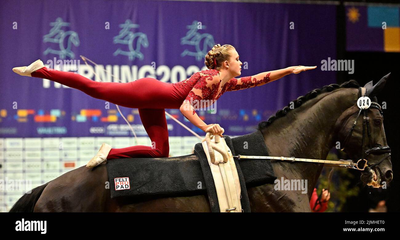 Herning. Denmark. 06 August 2022. World Equestrian Games. Jyske Bank Boxen Stadium. Rebecca Friesser (AUT) during the FEI world squad vaulting championship. Stock Photo