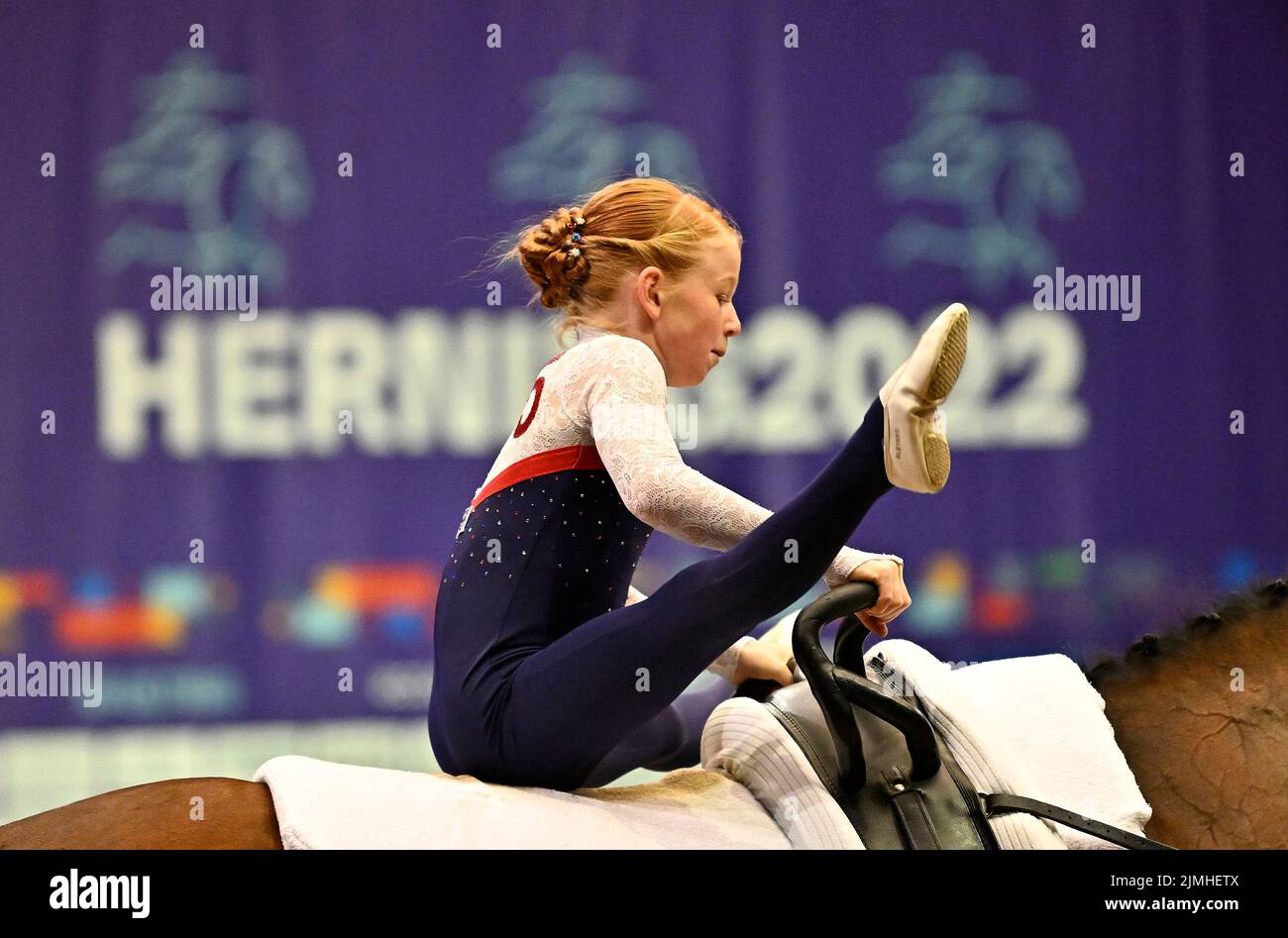 Herning, Denmark. 06th Aug, 2022. World Equestrian Games. Jyske Bank Boxen Stadium. Evie Jessett (GBR) during the FEI world squad vaulting championship. Credit: Sport In Pictures/Alamy Live News Stock Photo