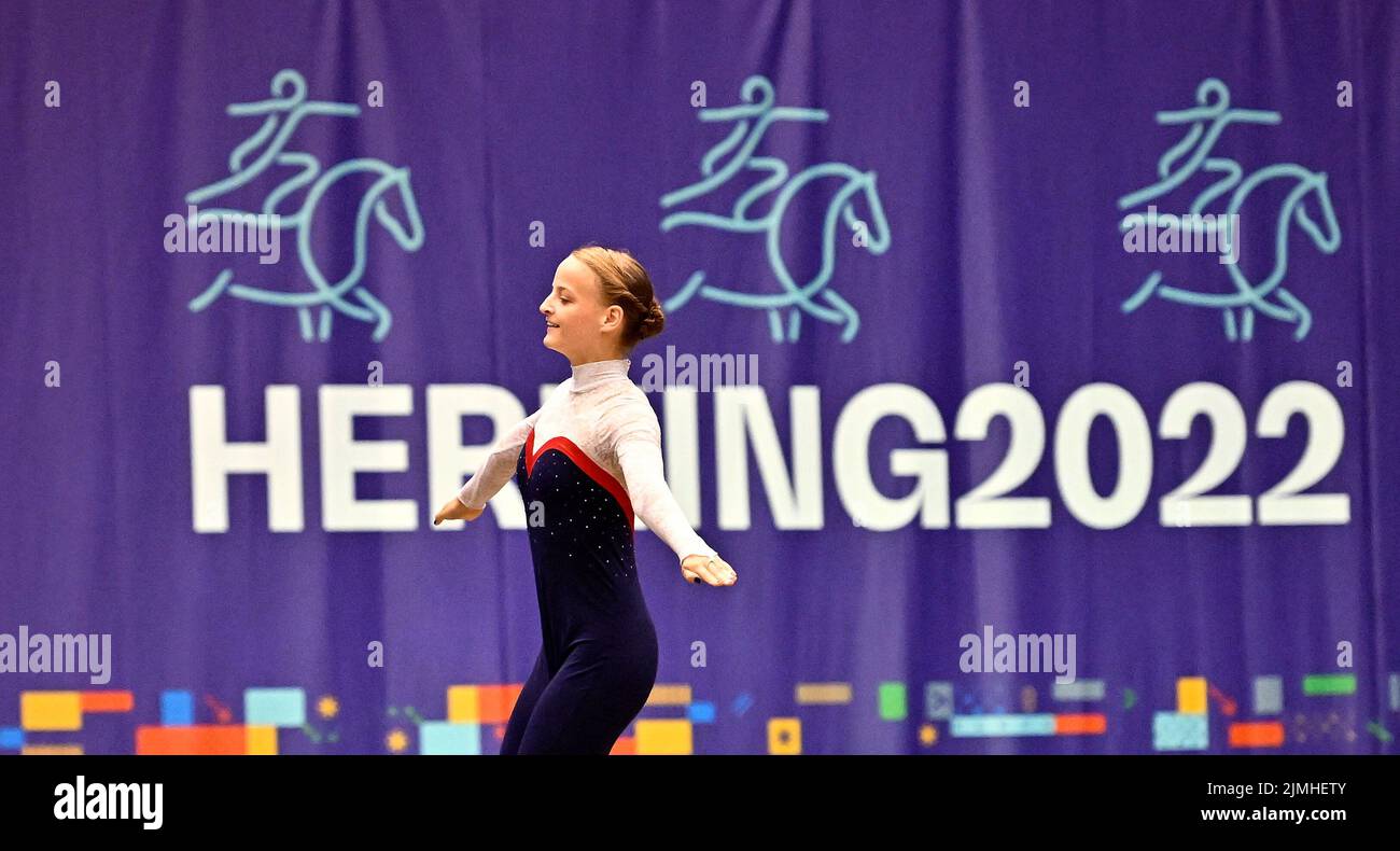 Herning, Denmark. 06th Aug, 2022. World Equestrian Games. Jyske Bank Boxen Stadium. Ursula Levett (GBR) during the FEI world squad vaulting championship. Credit: Sport In Pictures/Alamy Live News Stock Photo