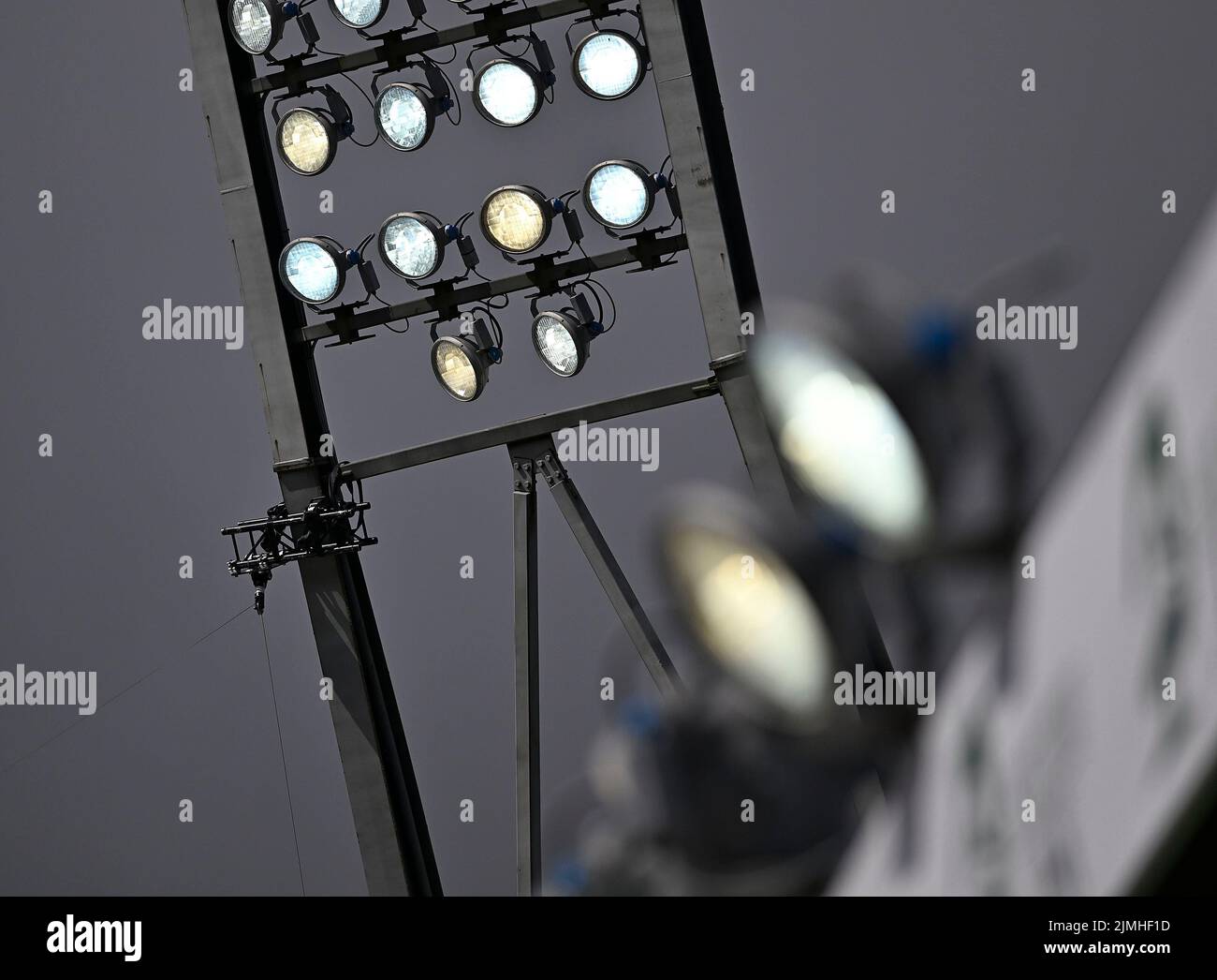 Herning, Denmark. 06th Aug, 2022. World Equestrian Games. Jyske Bank Boxen Stadium. Dark skies above the floodlights at the Stutteri Ask Stadium during the Blue Hors FEI world dressage team championship grand prix. Credit: Sport In Pictures/Alamy Live News Stock Photo
