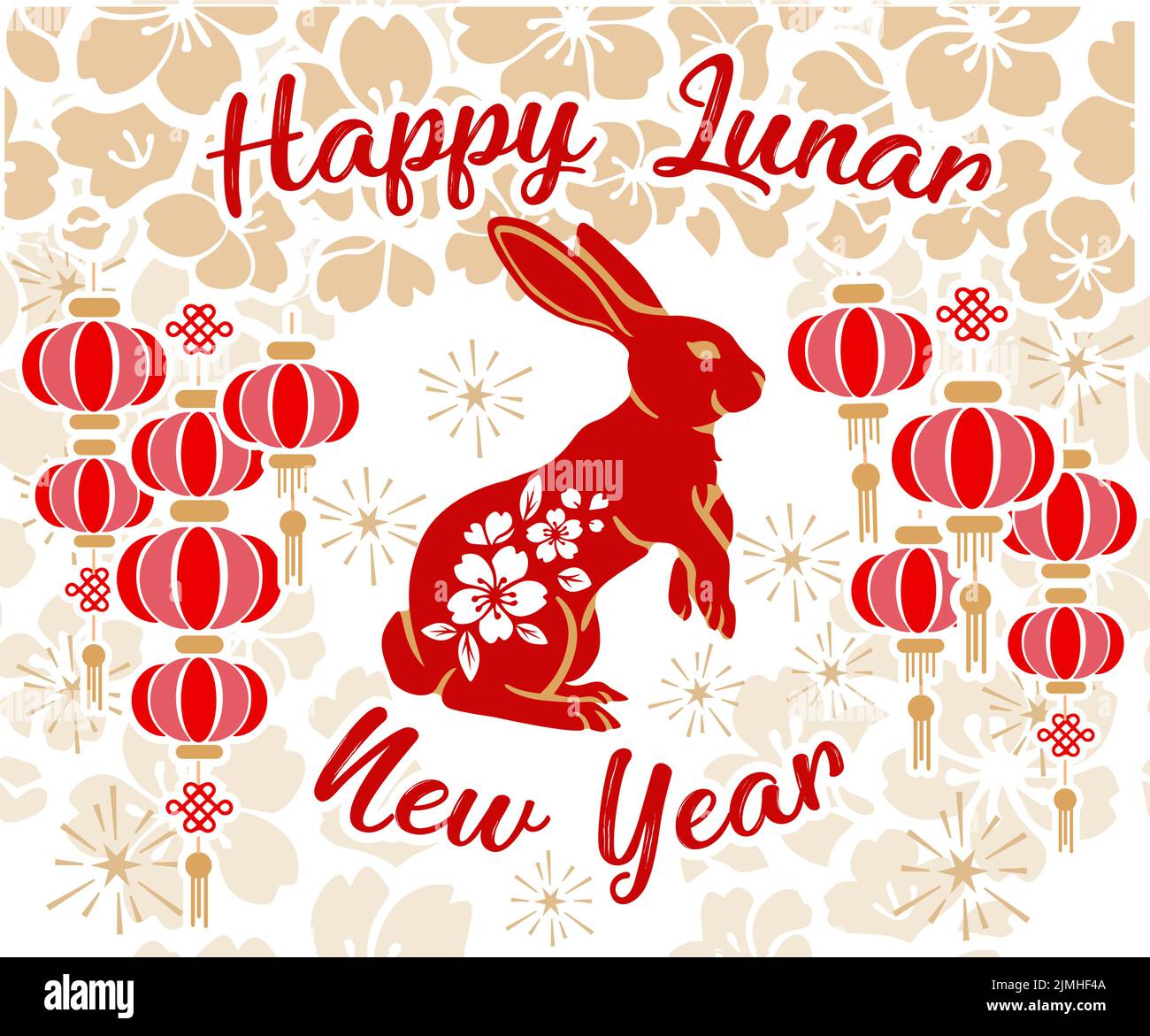 Happy Chinese New Year 2023 Year Of The Rabbit Zodiac Sign With  Flower,lantern,asian Elements Gold Paper Cut Style On Color Background.  (Translation : Happy New Year) Royalty Free SVG, Cliparts, Vectors, and