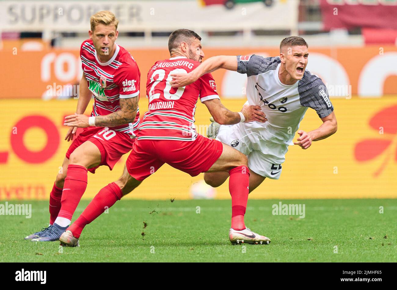 Amaral Borduchi IAGO, FCA 22  Arne Maier, FCA 10 compete for the ball, tackling, duel, header, zweikampf, action, fight against Roland SALLAI, FRG 22  in the match FC AUGSBURG - SC FREIBURG 0-4 1.German Football League on Aug 06, 2022 in Augsburg, Germany. Season 2022/2023, matchday 1, 1.Bundesliga, FCB, Munich, 1.Spieltag © Peter Schatz / Alamy Live News    - DFL REGULATIONS PROHIBIT ANY USE OF PHOTOGRAPHS as IMAGE SEQUENCES and/or QUASI-VIDEO - Stock Photo