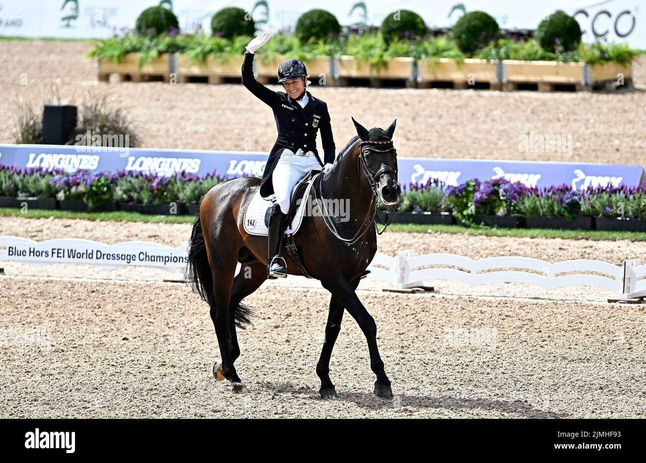 Herning, Denmark. 06th Aug, 2022. World Equestrian Games. Jyske Bank Boxen Stadium. Ingrid Klimke (GER) riding FRANZISKUS 15 during the Blue Hors FEI world dressage team championship grand prix. Credit: Sport In Pictures/Alamy Live News Stock Photo