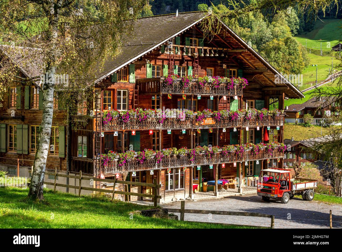 Lauterbrunnen, Switzerland house with flowers Stock Photo Alamy
