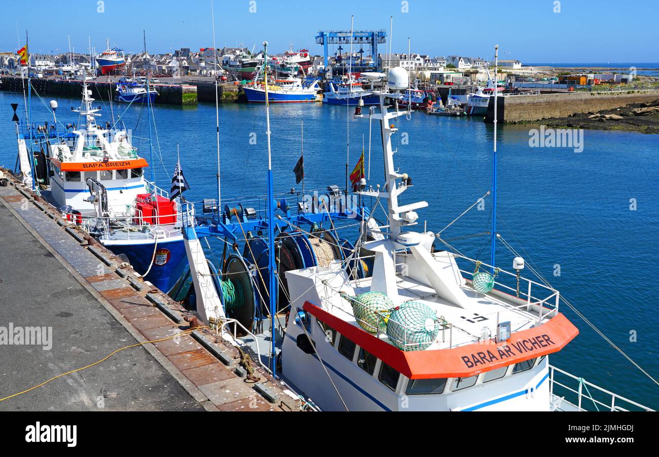 LE GUILVINEC, FRANCE -13 AUG 2021- View of fishing boats in Le Guilvinec, a major port for fisheries in the Finistere department of Brittany, France. Stock Photo
