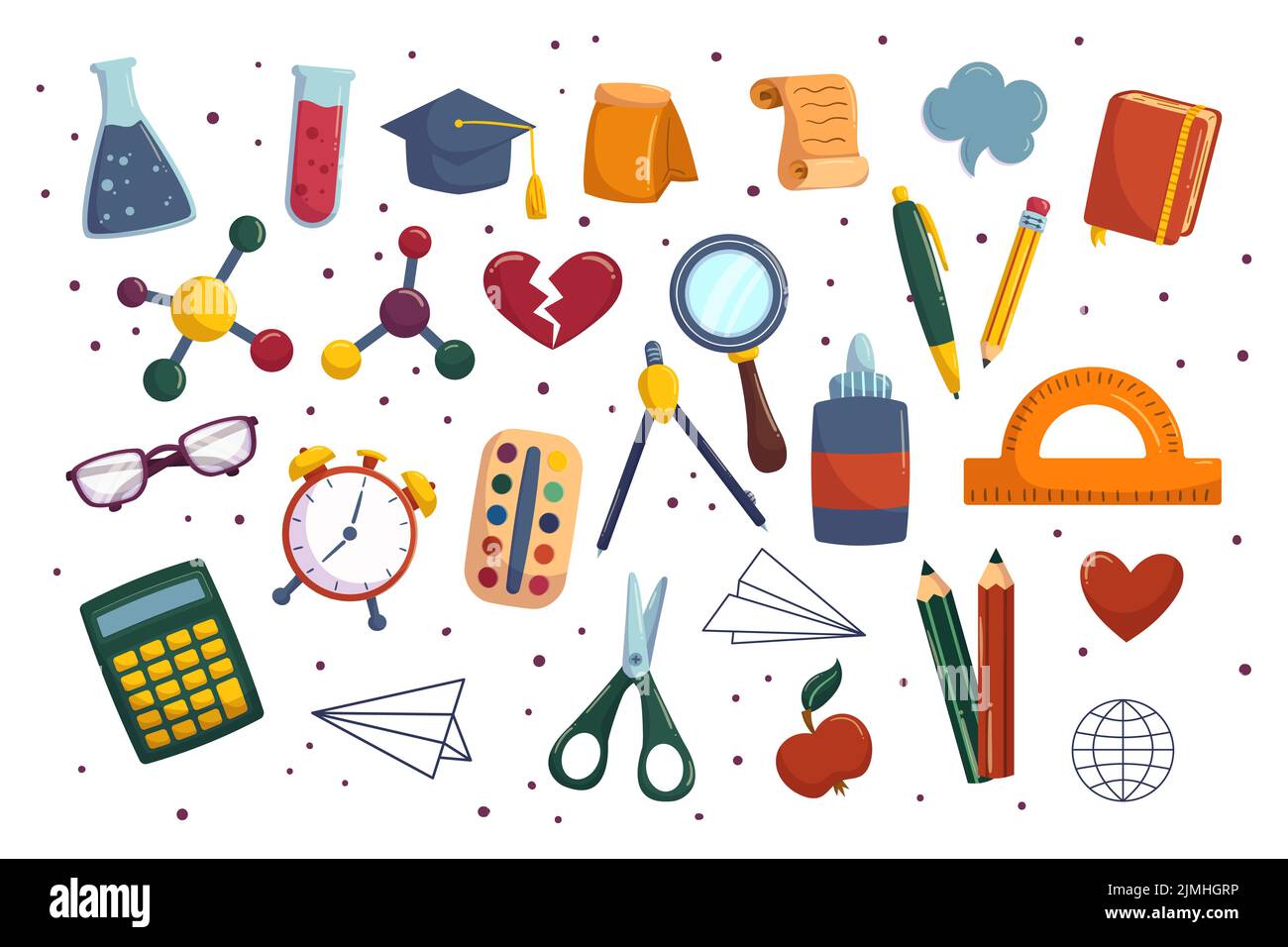 Cartoon collection with school equipment. Back to school supplies - chemistry tube and pencils, pen and scissors. Hand drawn vector illustrations. Stock Vector