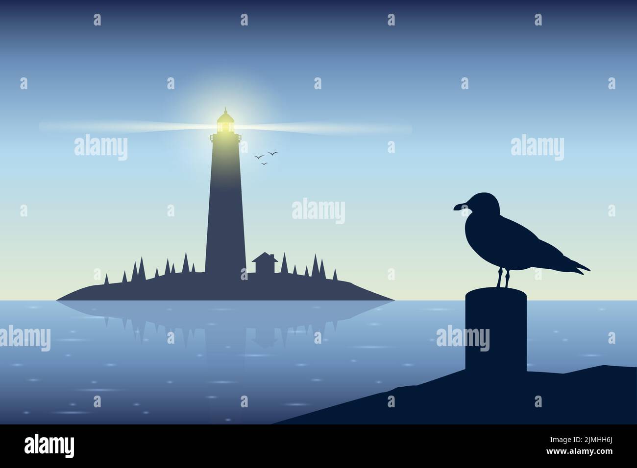 sea gull silhouette on lighthouse seascape at night Stock Vector