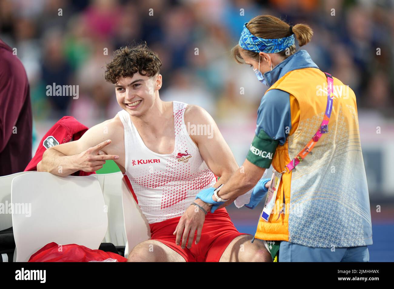 England's Owen Heard being treated for an injury during the Men's Pole Vault Final at Alexander