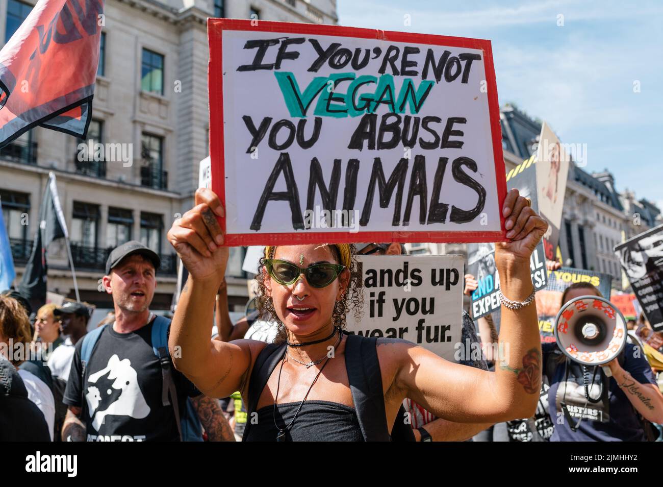 London, UK. 6 August 2022. Animal rights activists march in London for ...