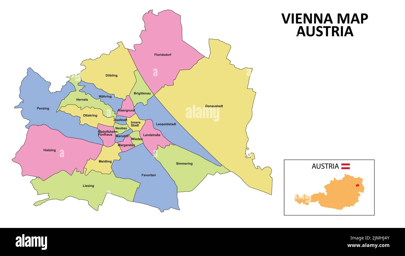 Vienna Map. District map of Vienna detailed map of Vienna in color with capital. Stock Vector