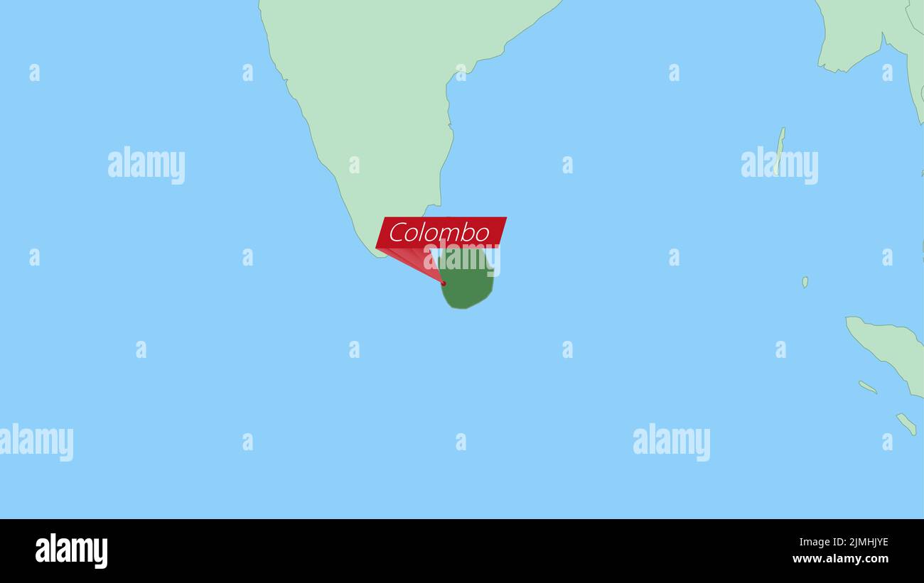 Map of Sri Lanka with pin of country capital. Sri Lanka Map with neighboring countries in green