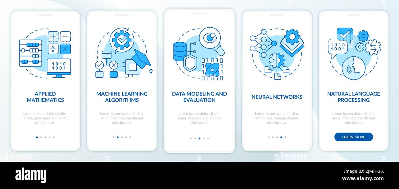 Machine learning engineer skills blue onboarding mobile app screen Stock Vector