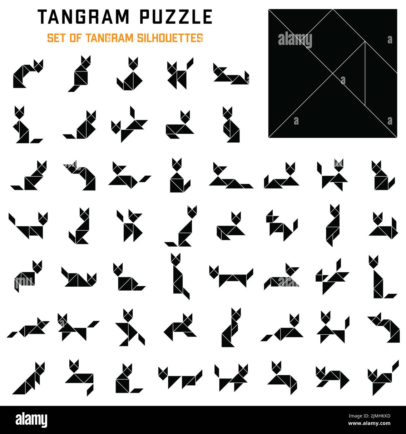 Tangram puzzle for kids. Set of tangram cats. Stock Vector