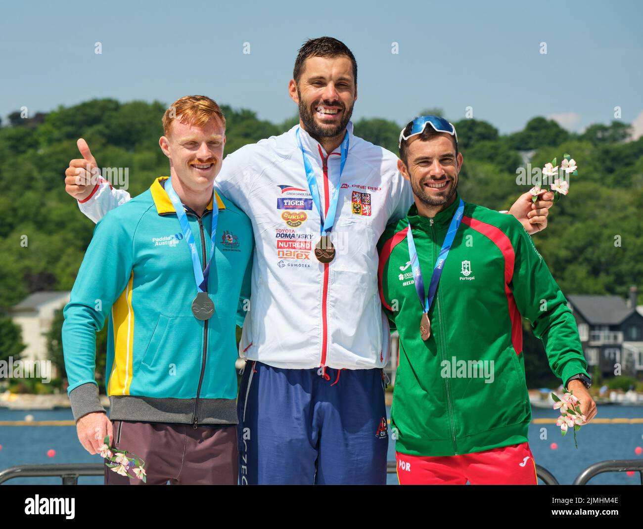Dartmouth, Canada. August 6th, 2022. Men K1 500m World Championship Podium, Josef Dostal from the Czech Republic Gold, Jean Westhuyzen from Australia Silver and Fernando Pimenta from Portugal takes Bronze . The 2022 ICF Canoe Sprint and Paracanoe World Championships takes place on Lake Banook in Dartmouth (Halifax). Credit: meanderingemu /Alamy Live News Stock Photo