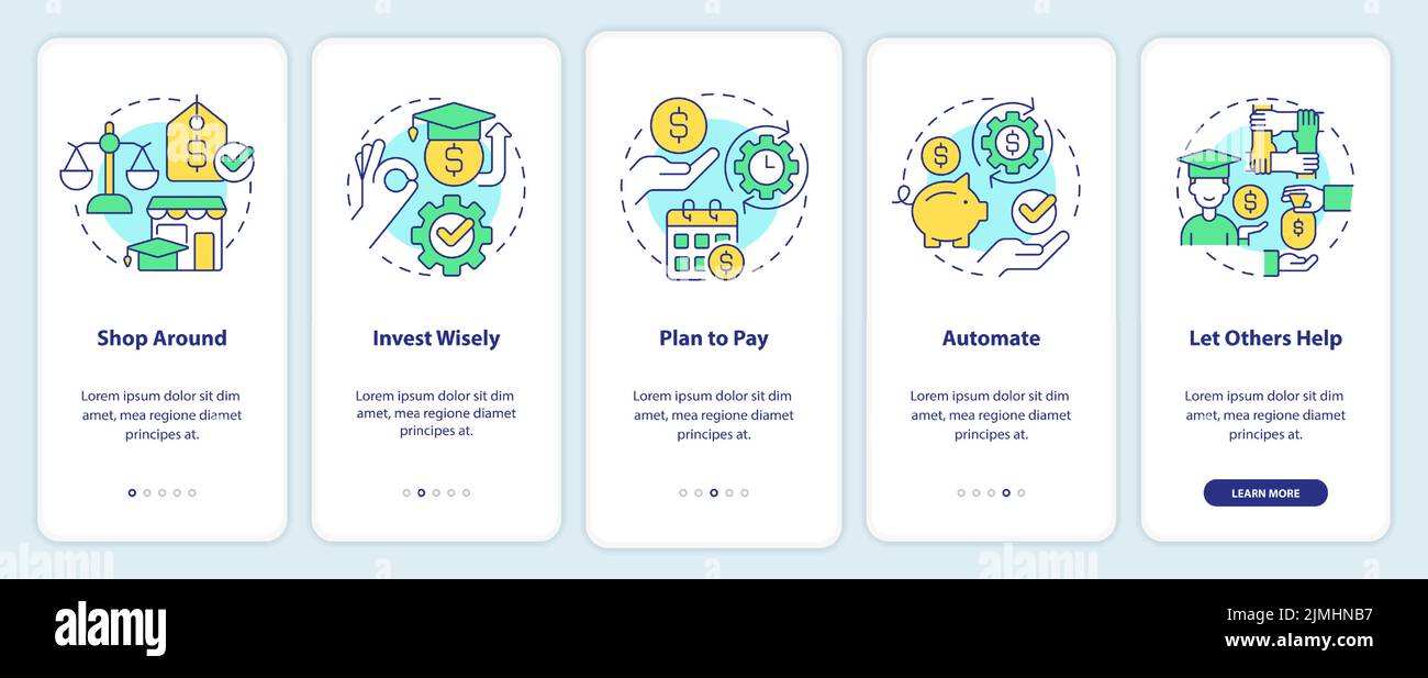 Saving for college tips onboarding mobile app screen Stock Vector