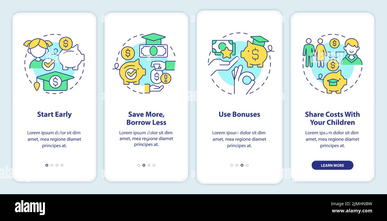 Tips for saving for college onboarding mobile app screen Stock Vector