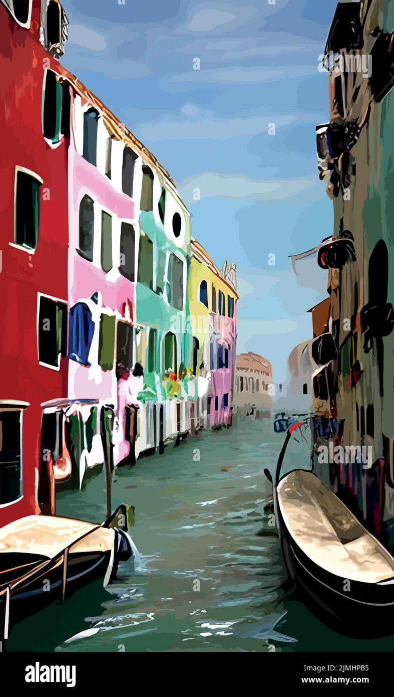 A vertical design of small gondolas in the river with the buildings of ...