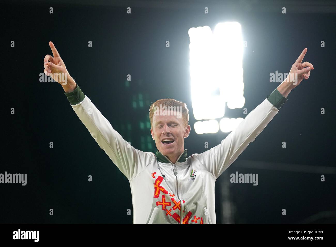 Guernsey's Alastair Chalmers celebrates winning the bronze in the Men's 400m Hurdles Final at Alexander Stadium on day nine of the 2022 Commonwealth Games in Birmingham. Picture date: Saturday August 6, 2022. Stock Photo