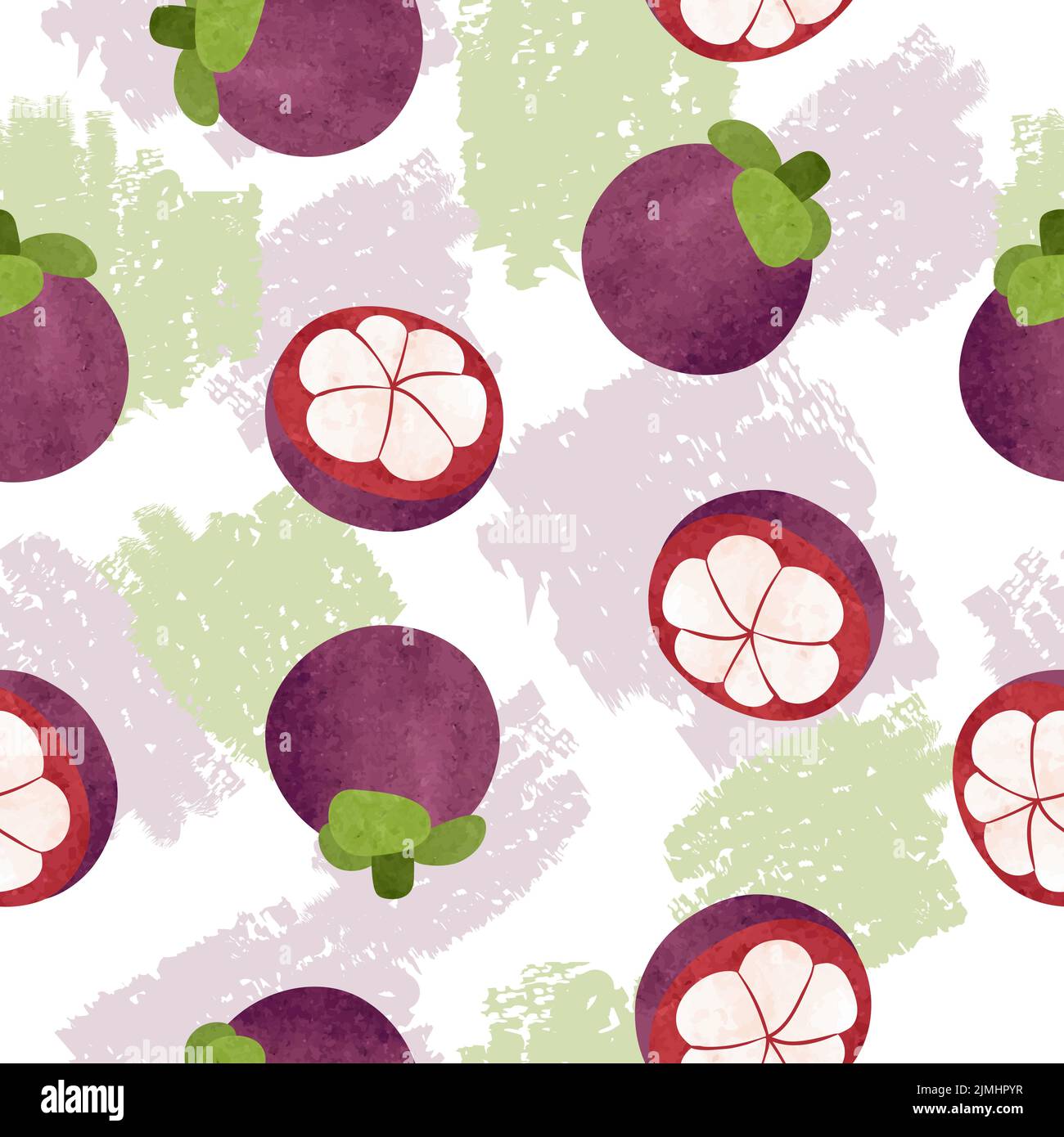 Seamless mangosteen fruit pattern. Exotic fruit watercolor vector illustration Stock Vector