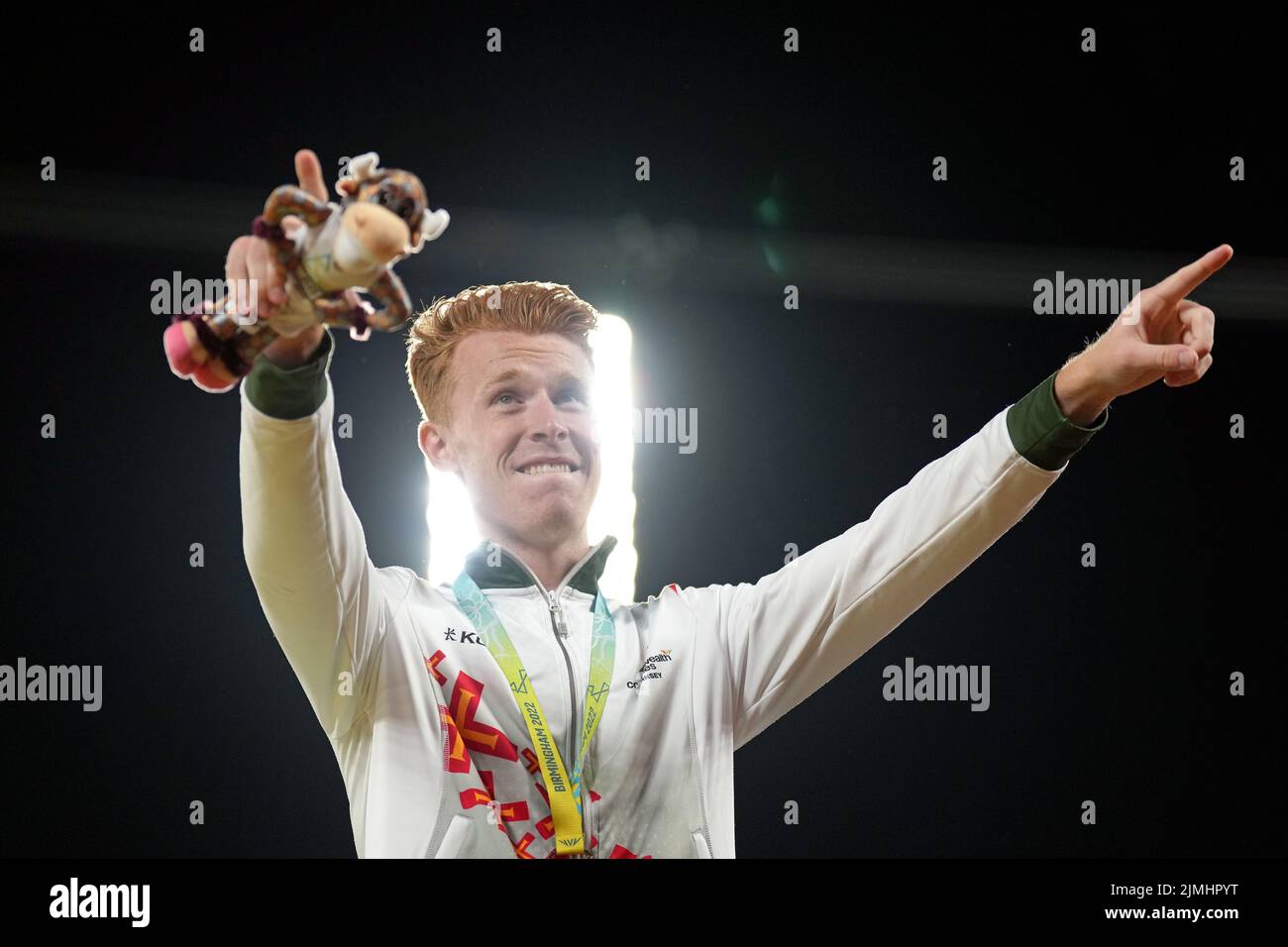 Guernsey's Alastair Chalmers celebrates winning the bronze in the Men's 400m Hurdles Final at Alexander Stadium on day nine of the 2022 Commonwealth Games in Birmingham. Picture date: Saturday August 6, 2022. Stock Photo