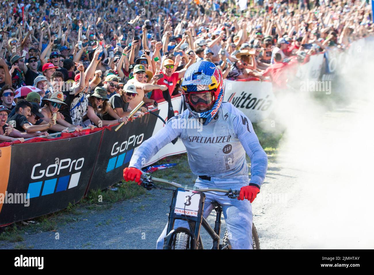 August 06, 2022: Finn Iles of Canada (3) wins the World Cup MenÕs Downhill Final as the Canadian home crowd goes crazy at the 2022 Mercedes-Benz UCI Mountain Bike World Cup held at Mont-Sainte-Anne in Beaupre, Quebec, Canada. Daniel Lea/CSM Stock Photo