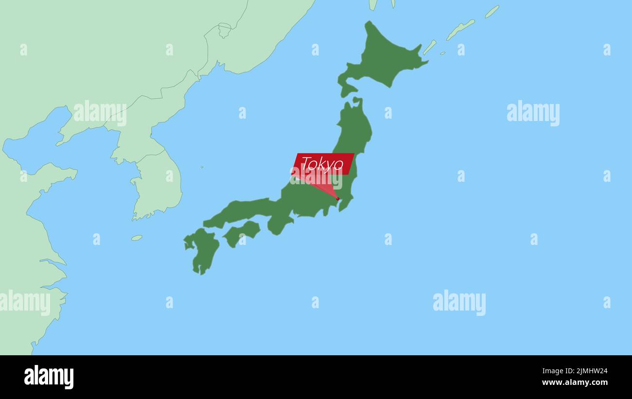 Map of Japan with pin of country capital. Japan Map with neighboring countries in green color. Stock Vector