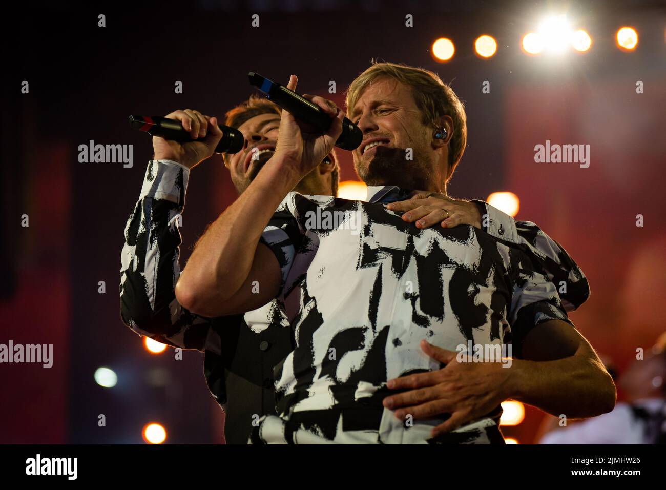 Shane Filan and Kian Egan of Westlife performs on stage at Wembley Stadium, London, during their sell-out show at the venue. Picture date: Saturday August 6, 2022. Stock Photo