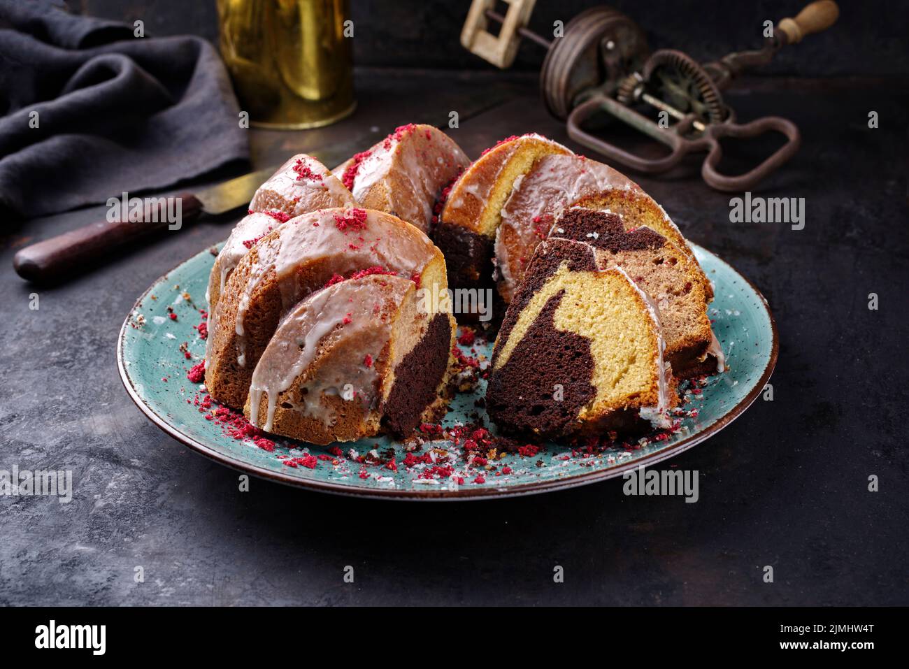 Traditional exotically bundt marble cocoa chocolate cake with icing