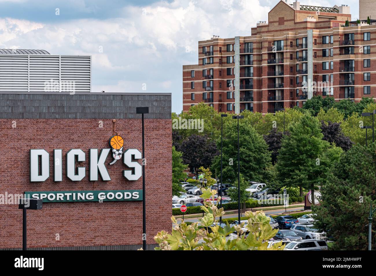 A logo on the side of a Dick's Sporting Goods store in Gaithersburg, Montgomery County, Maryland. Stock Photo