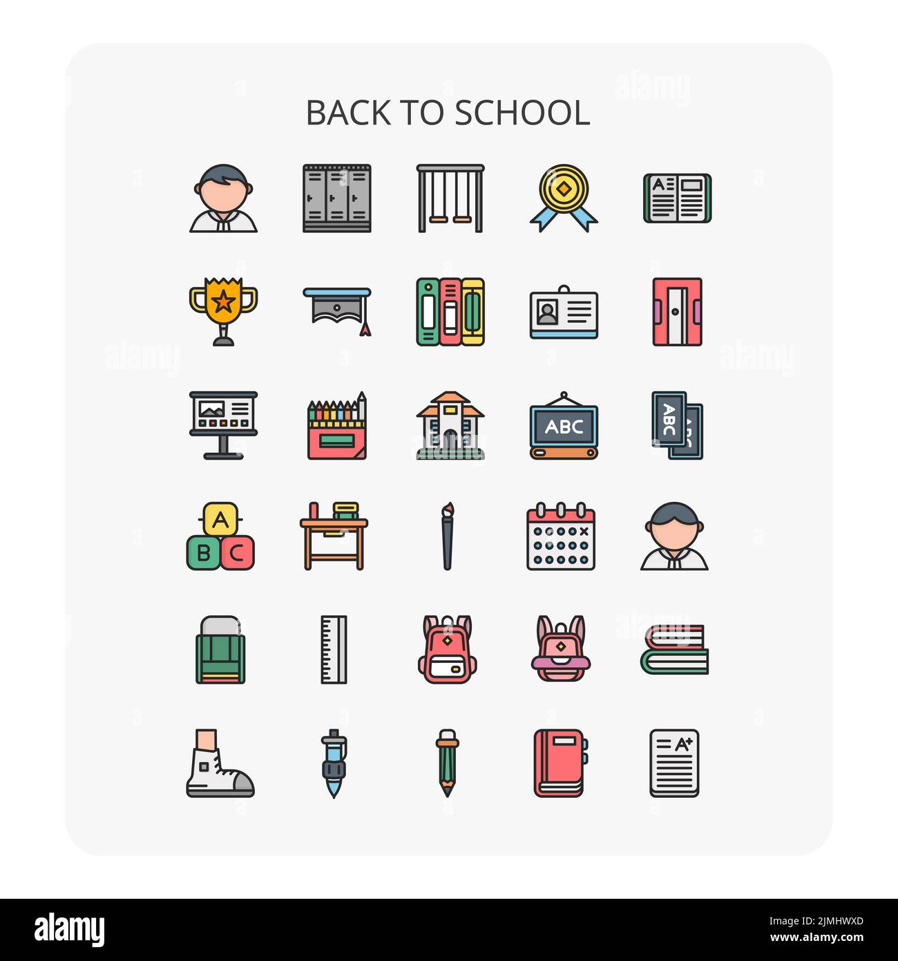 A colorful set of back to school icons with a white background Stock ...
