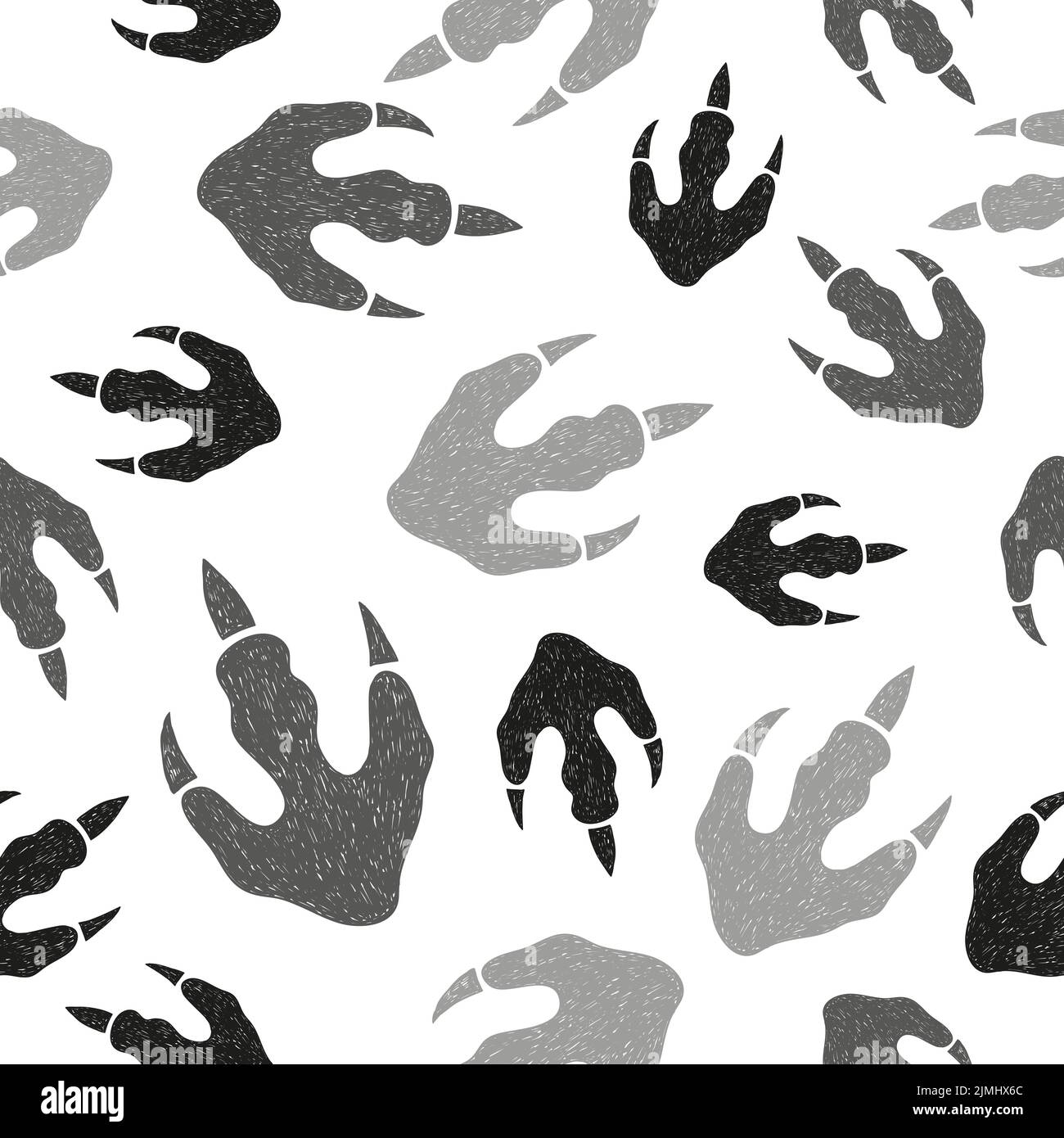 Dinosaur footprints seamless pattern. Vector black and white doodle illustration Stock Vector
