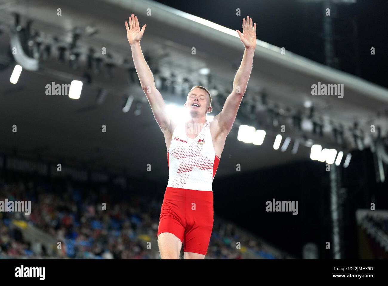 England's Adam Hague celebrates winning silver in the Men's Pole Vault
