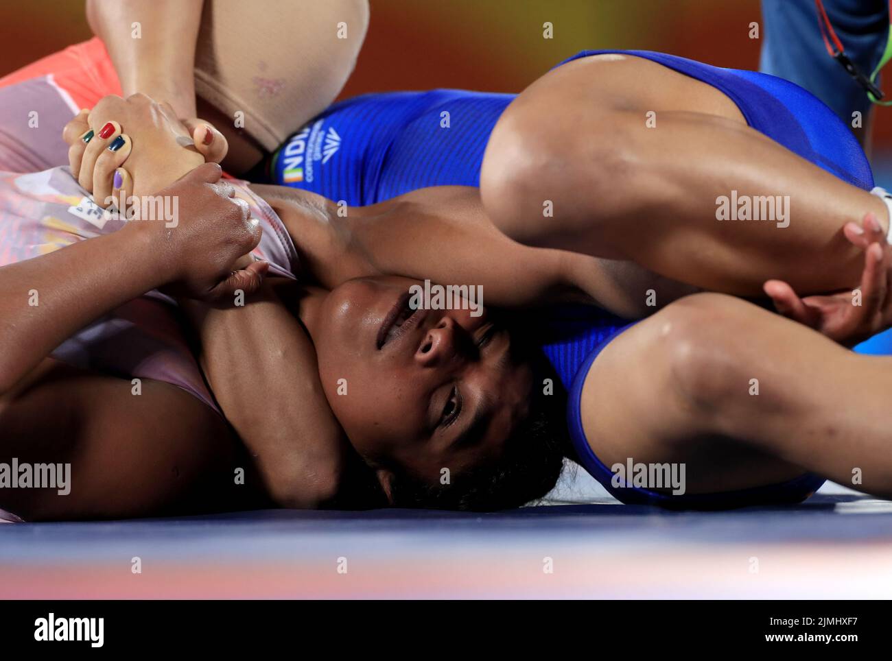 India’s Vinesh Phogat completes against Sri Lanka’s Chamodya Keshani Maduravalage Don during the Women’s 53kg Nordic System at the Coventry Arena on day nine of the 2022 Commonwealth Games. Picture date: Saturday August 6, 2022. Stock Photo