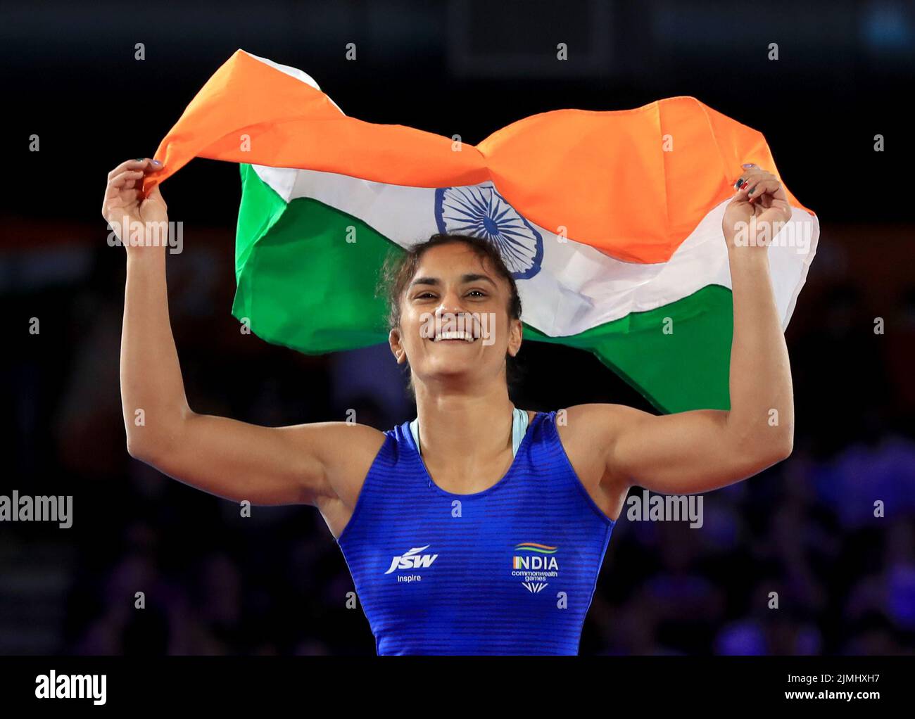 India’s Vinesh Phogat celebrates winning against Sri Lanka’s Chamodya