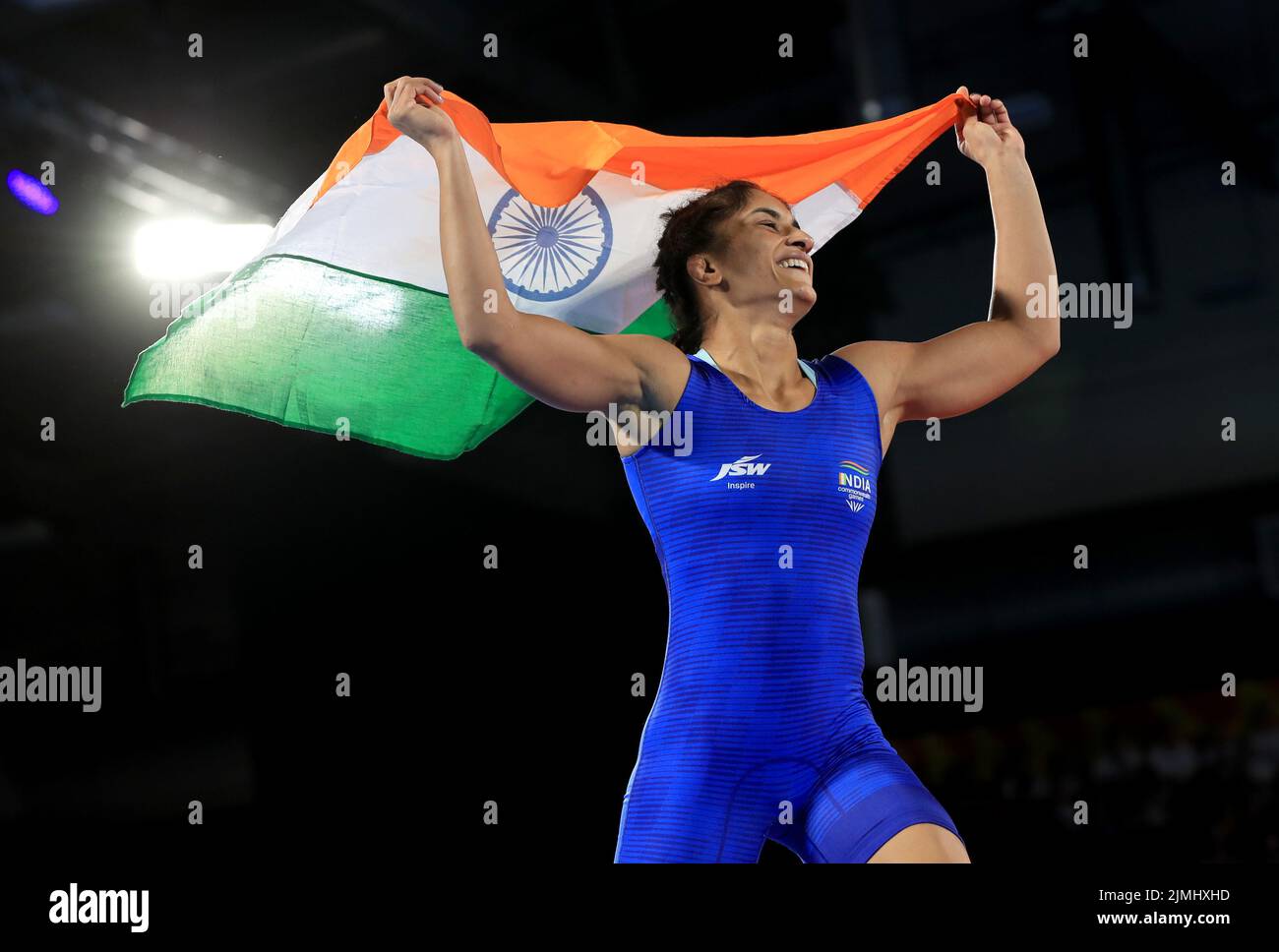 India’s Vinesh Phogat celebrates winning against Sri Lanka’s Chamodya