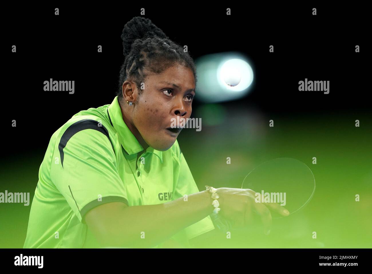 Nigeria's Faith Obazuaye in action against England 's Felicity Pickard during the Table Tennis Women's Singles Classes 6-10 - Bronze Medal Matchat The NEC on day nine of the 2022 Commonwealth Games in Birmingham. Picture date: Saturday August 6, 2022. Stock Photo