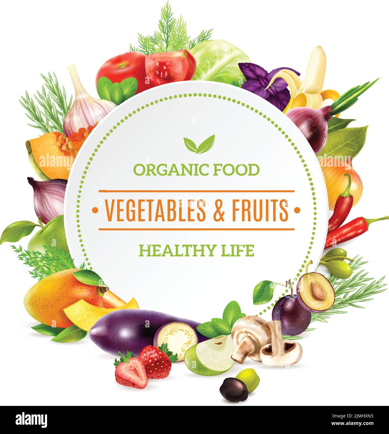 Natural organic food background with colorful bright frame contained ...