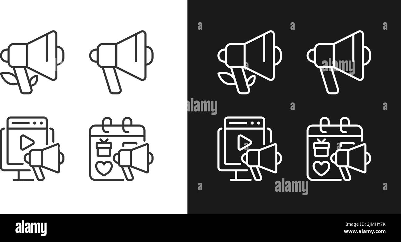 Advertising strategies pixel perfect linear icons set for dark, light ...