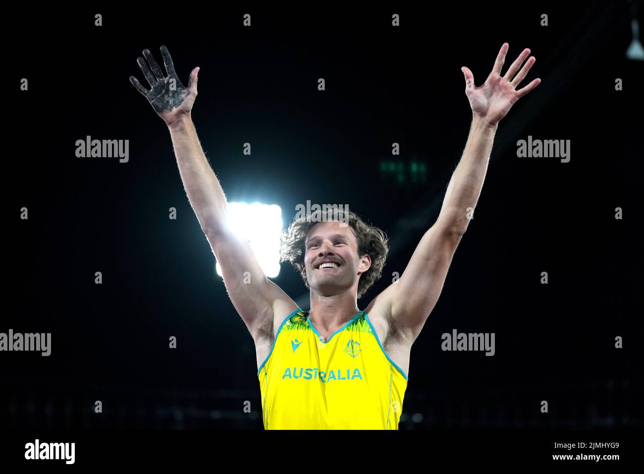 Australia's Kurtis Marschall celebrates winning gold in the Men's Pole Vault Final at Alexander Stadium on day nine of the 2022 Commonwealth Games in Birmingham. Picture date: Saturday August 6, 2022. Stock Photo