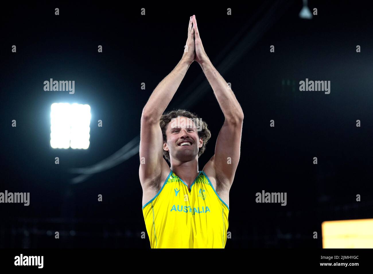 Australia's Kurtis Marschall celebrates winning gold in the Men's Pole Vault Final at Alexander Stadium on day nine of the 2022 Commonwealth Games in Birmingham. Picture date: Saturday August 6, 2022. Stock Photo