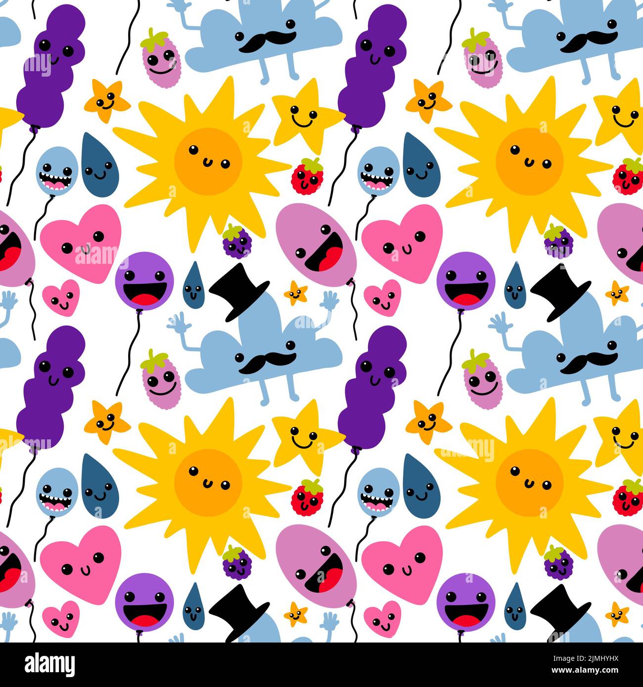 Cartoon seamless sun and clouds and balloons pattern for kids clothes print and festive fabrics and wrapping paper and study notebooks and accessories Stock Photo