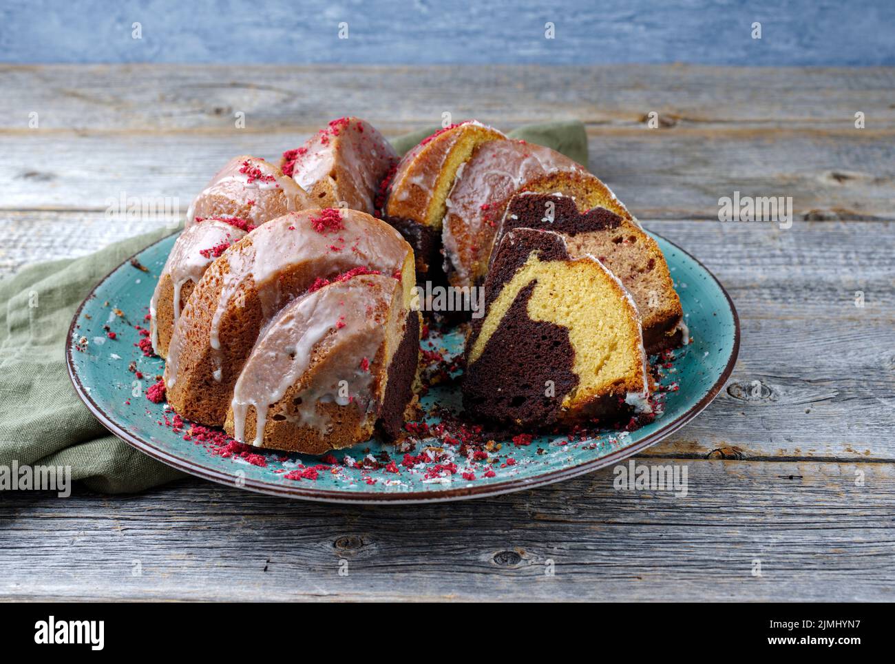 Traditional exotically bundt marble cocoa chocolate cake with icing