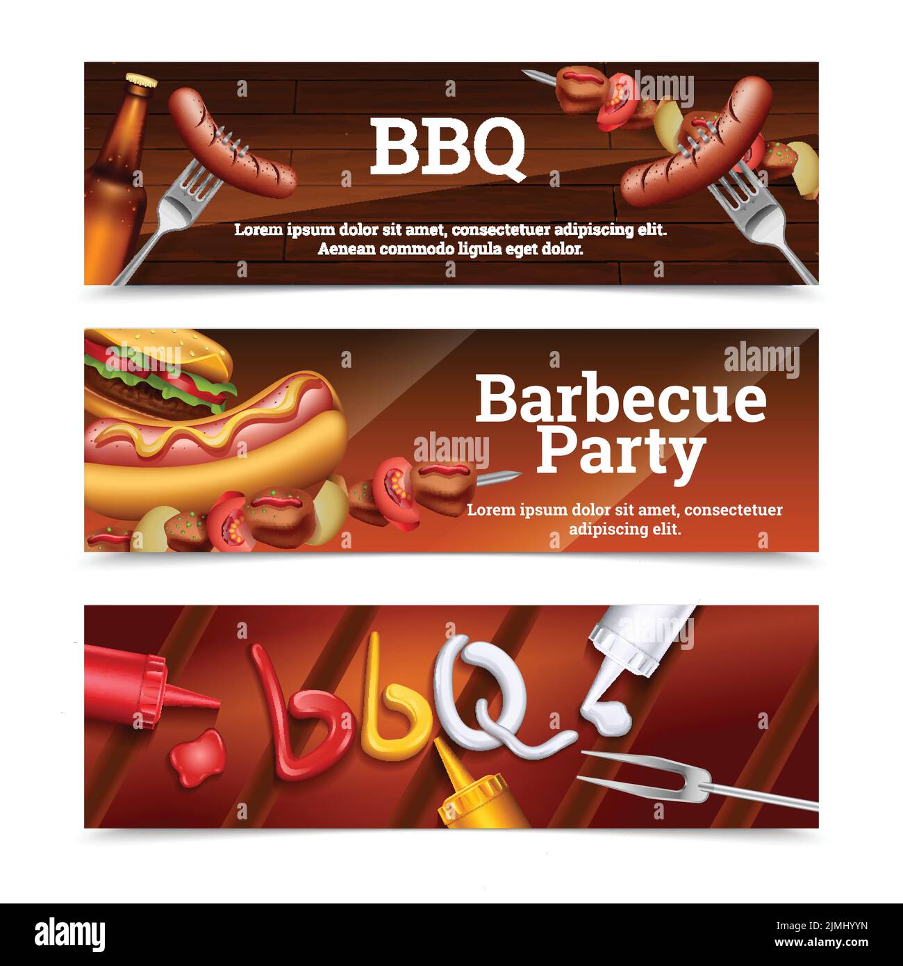 Barbecue party horizontal banners with hot dog skewer hamburger and