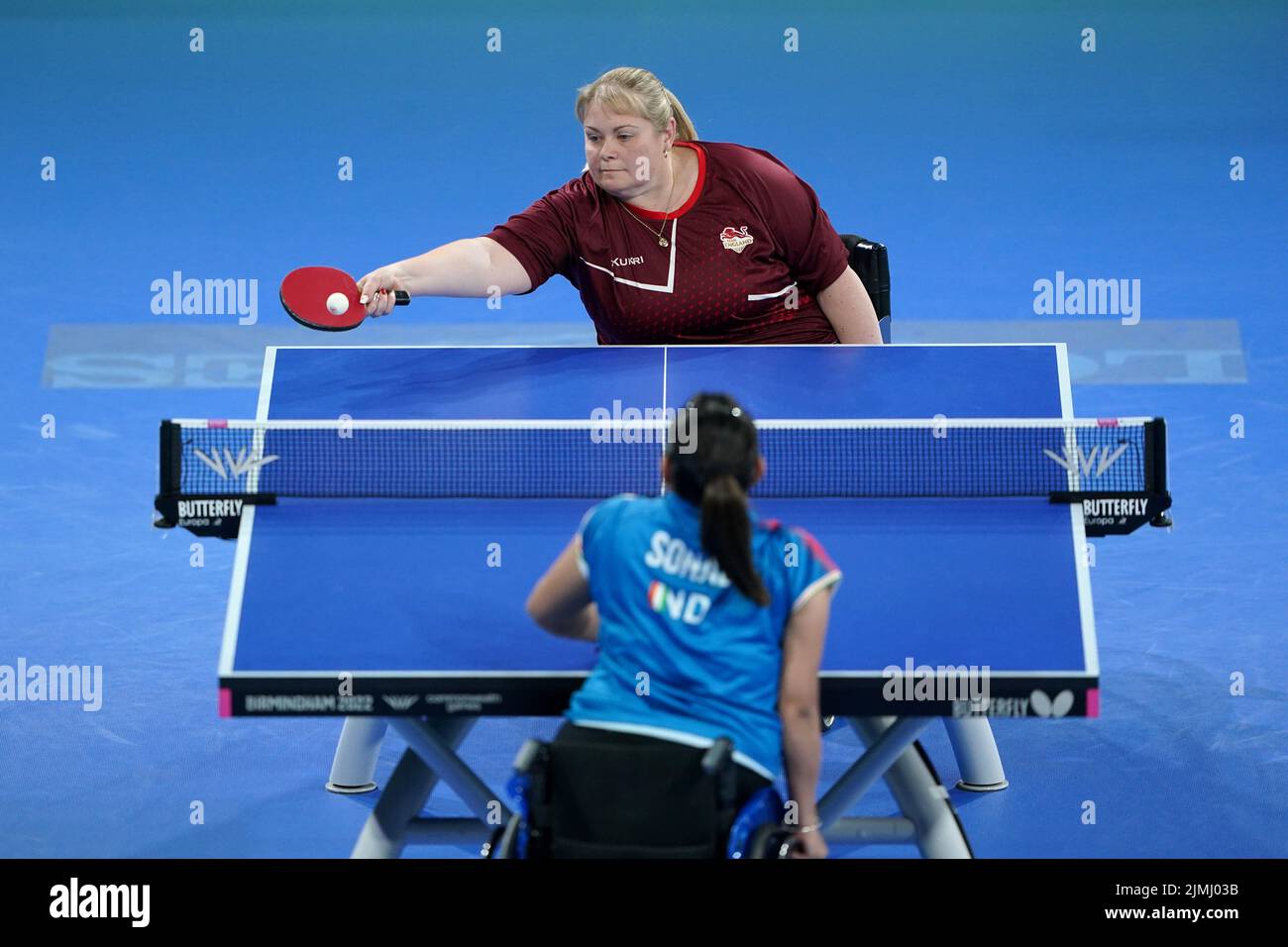 England's Sue Bailey plays a shot against India's Sonalben Manubhai during Women's Singles Classes 3-5 - Bronze Medal Match at The NEC on day nine of the 2022 Commonwealth Games in Birmingham. Picture date: Saturday August 6, 2022. Stock Photo