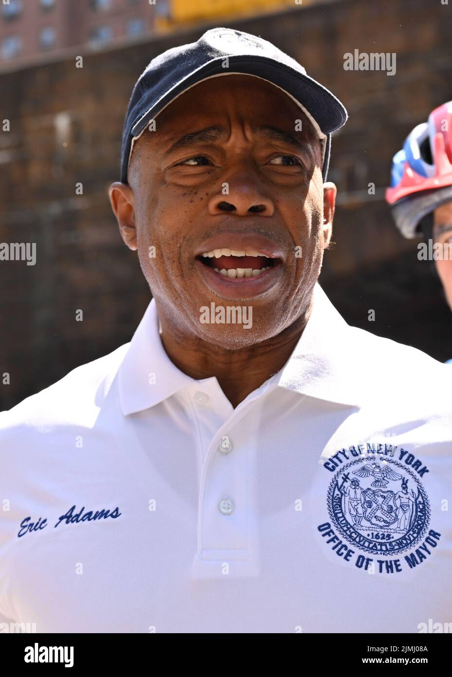 Mayor Eric Adams rides a Citibike as he participates in the Summer Streets event on August 6, 2022 in New York. Summer Streets is an annual initiative Stock Photo