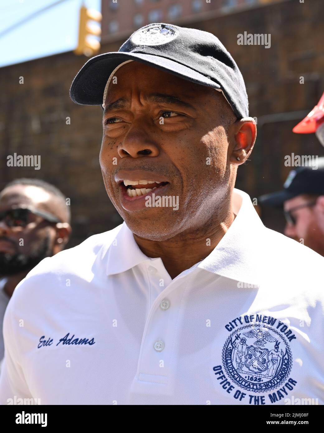 Mayor Eric Adams rides a Citibike as he participates in the Summer Streets event on August 6, 2022 in New York. Summer Streets is an annual initiative Stock Photo