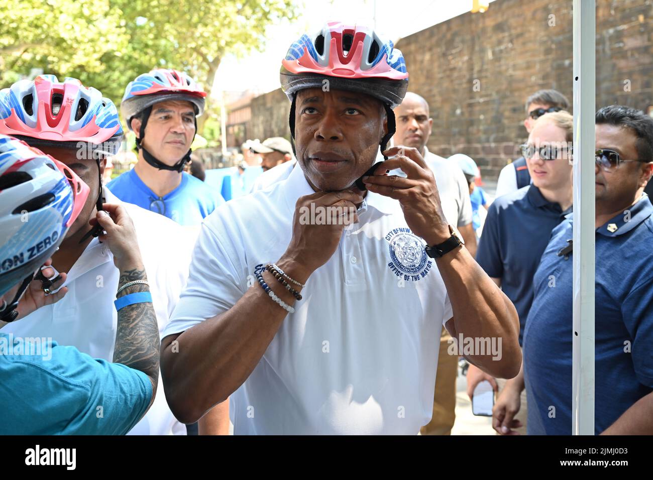 Mayor Eric Adams rides a Citibike as he participates in the Summer Streets event on August 6, 2022 in New York. Summer Streets is an annual initiative Stock Photo