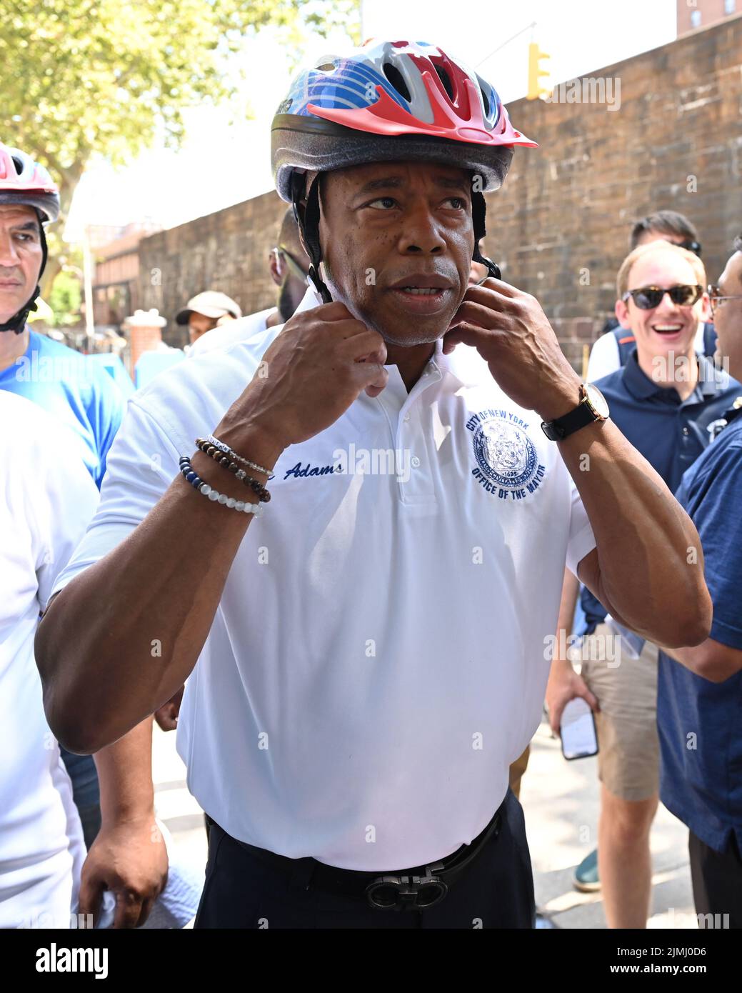 Mayor Eric Adams rides a Citibike as he participates in the Summer Streets event on August 6, 2022 in New York. Summer Streets is an annual initiative Stock Photo