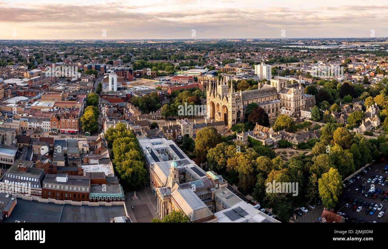 PETERBOROUGH, UK AUGUST 4, 2022. An aerial cityscape of Peterborough