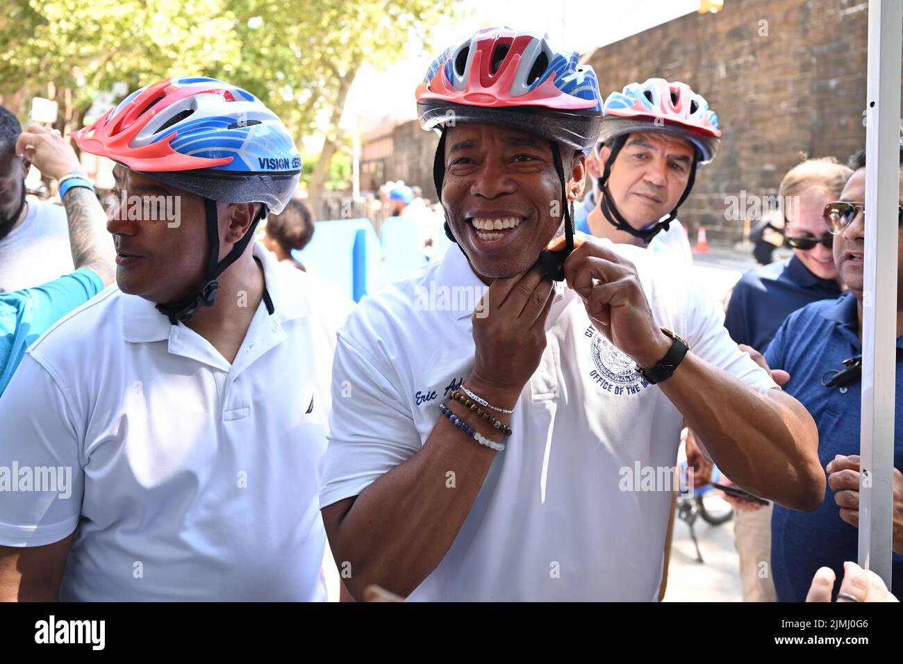 Mayor Eric Adams rides a Citibike as he participates in the Summer Streets event on August 6, 2022 in New York. Summer Streets is an annual initiative Stock Photo